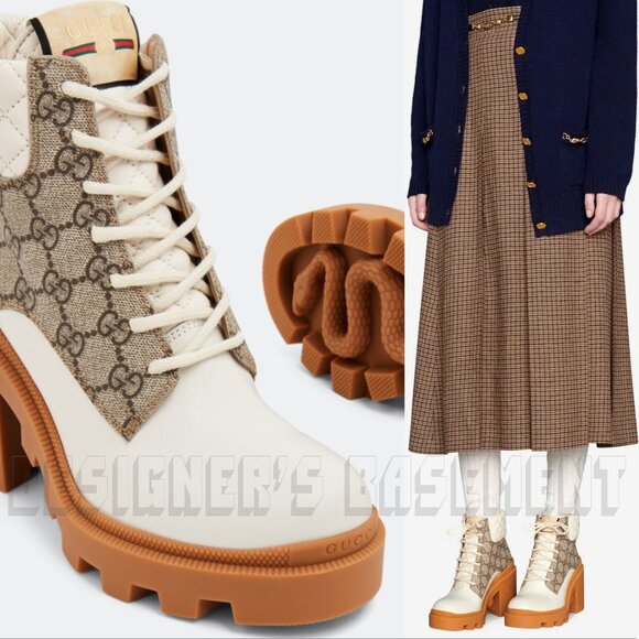 GUCCI 41 beige GG canvas quilted Leather TRIP logo platform Combat ankle Booties - Picture 12 of 14